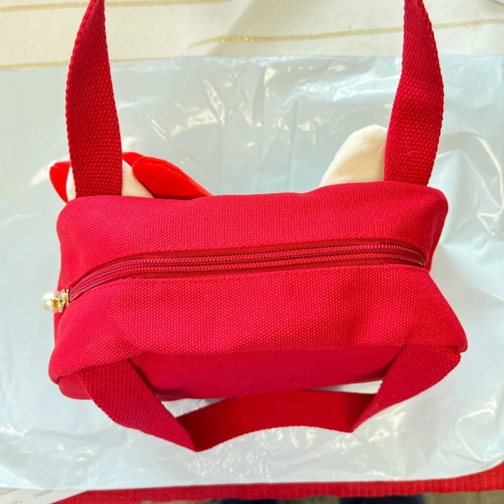 Hello Kitty Red and White Canvas Bag with plush Bow, zipper pull pearl bead, NIP